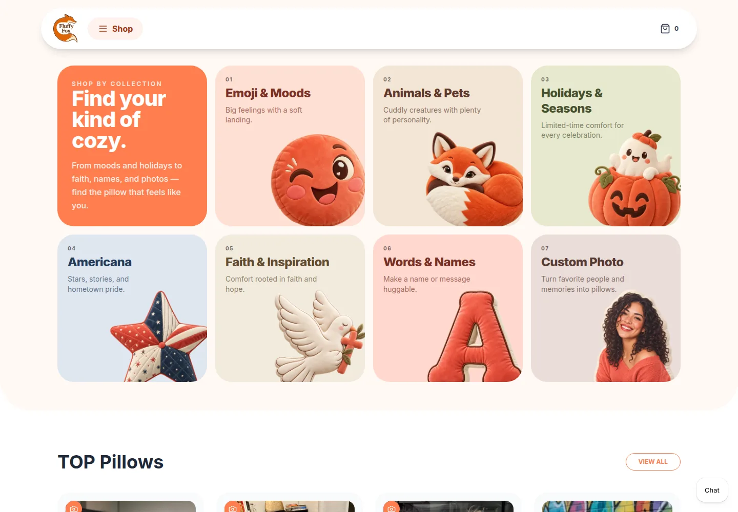 Fluffy Fox homepage with colorful pillow collections and custom photo designs